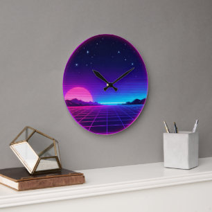 Relógio Grande Círculo Geométrico Gráfico de Neon Synthwave dos A