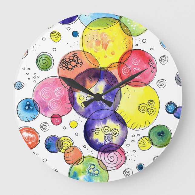 Relógio Grande Círculos de Aquarela Coloridos Abstrato (Frente)