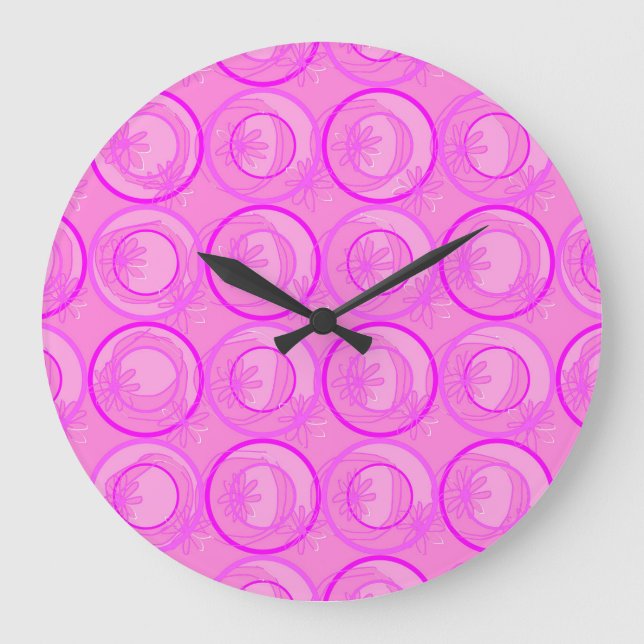 Relógio Grande Círculos de Destaque Flores de Fundo Rosa (Frente)