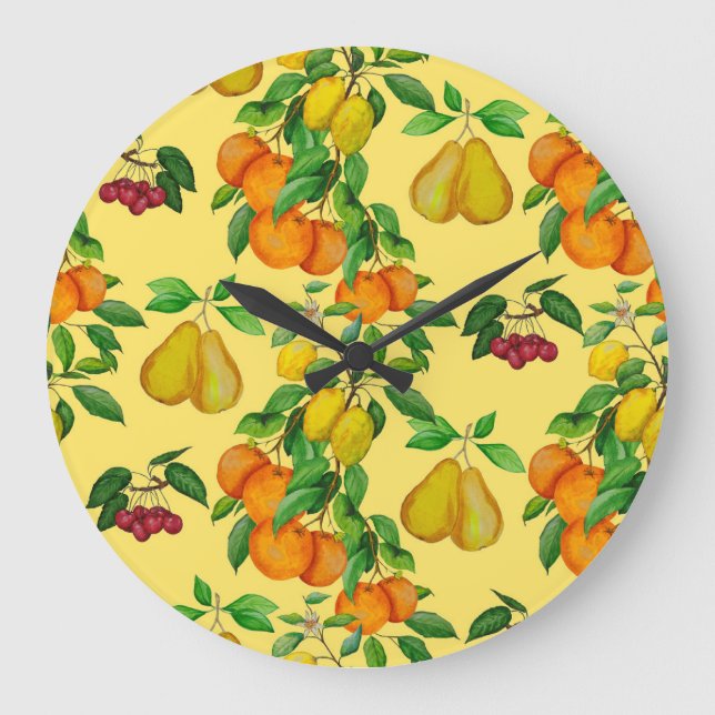 Relógio Grande Citrus, pera, cereja: impressão de aquarela. (Frente)