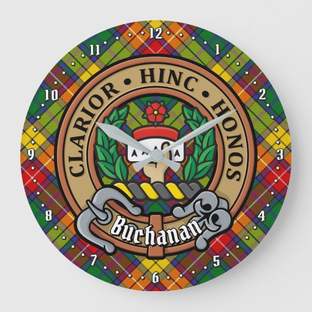 Relógio Grande Clan Buchanan Crest sobre Tartan (Frente)