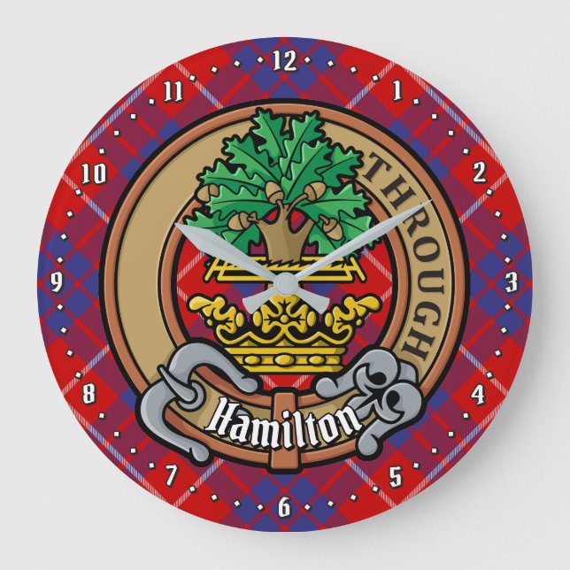 Relógio Grande Clan Hamilton Crest sobre o Red Tartan (Frente)