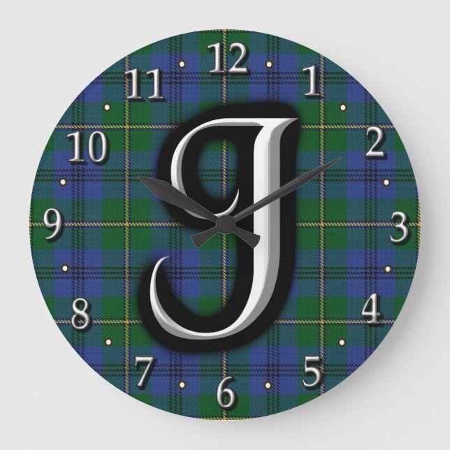 Relógio Grande Clan Johnstone Johnston - Letra J Monograma Tartan (Frente)