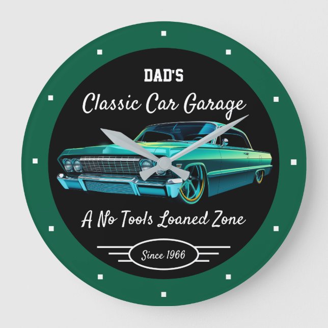Relógio Grande Classic Car Garage Dad's or Anyone's Name Green   (Frente)