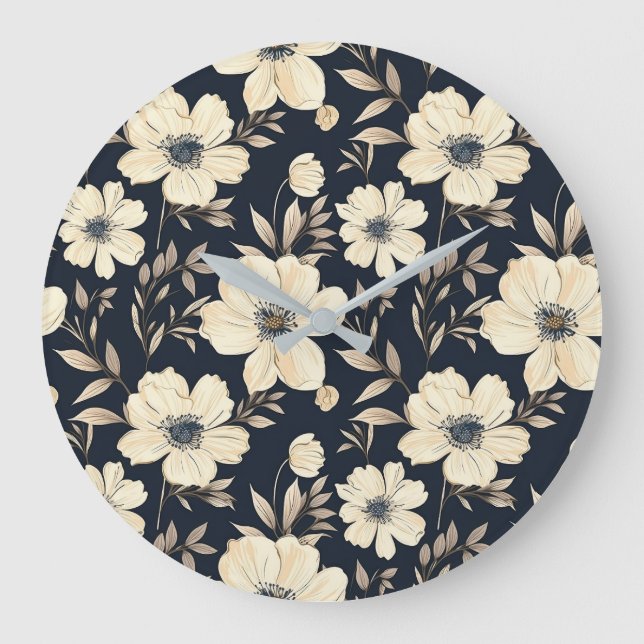 Relógio Grande Classic Cream Flowers On Dark Navy Blue Background (Frente)