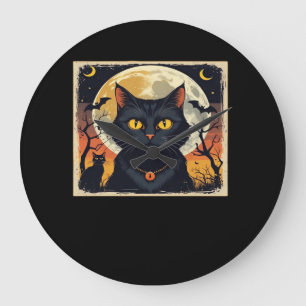 Relógio Grande Clássico Retro Negro Gato Halloween T-Shirt Clássi