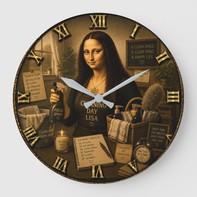 Relógio Grande Cleaning Day Funny Mona Lisa Laundry Room (Frente)