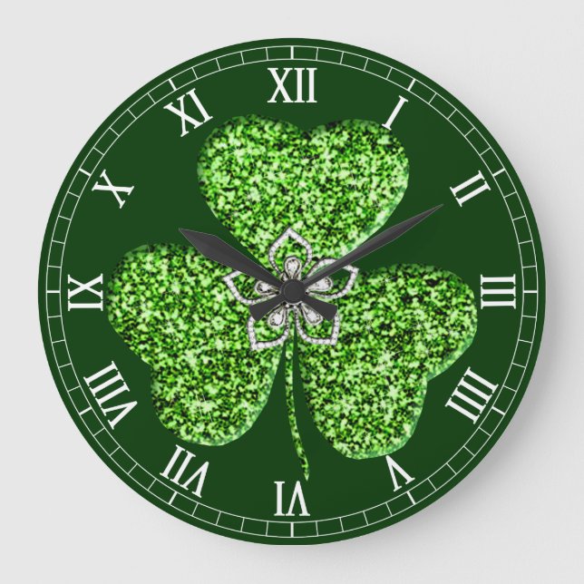 Relógio Grande Clock Numerário Romano Da Glitter Shamrock E Flor (Frente)