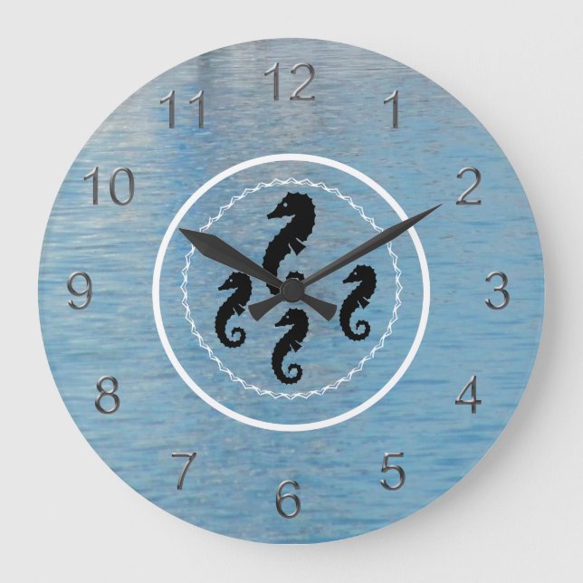 Relógio Grande Clock - Seahorses, Water and White Rings (Frente)