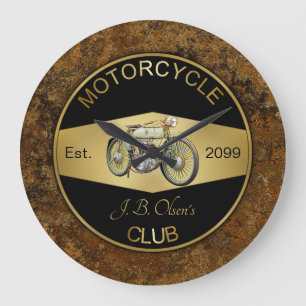 Relógio Grande Clube de Motociclismo Personalizado Preto e Dourad