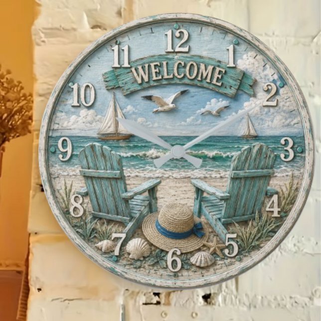 Relógio Grande Coastal Beach Welcome Nautical Ocean Decor  (Criador carregado)