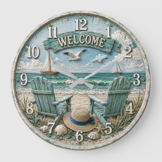 Relógio Grande Coastal Beach Welcome Nautical Ocean Decor  (Frente)