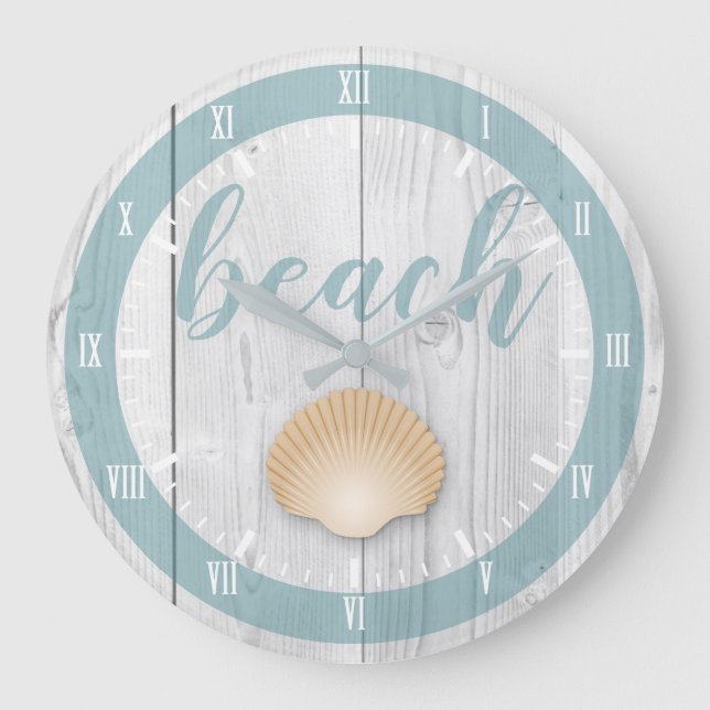 Relógio Grande Coastal White Wood Print Seashell & Seaglass Blue (Frente)