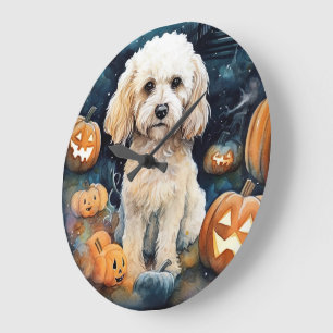 Relógio Grande Cockapoo De Halloween Com Pumpkins Assustado