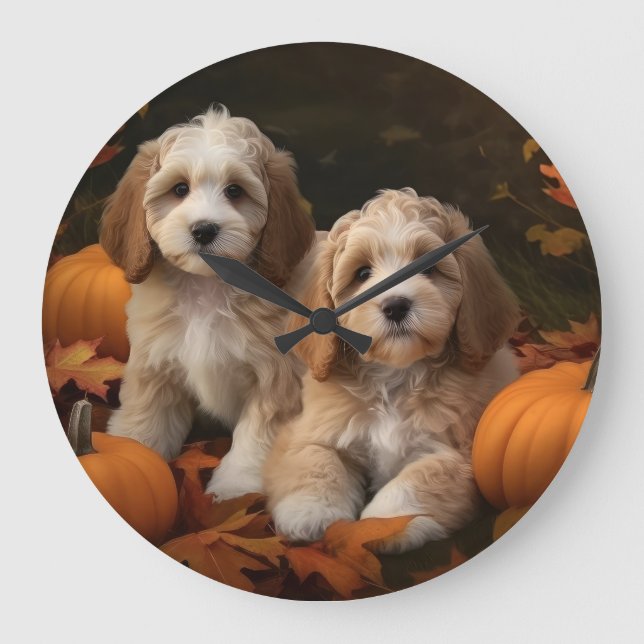 Relógio Grande Cockapoo Puppy Autumn Delight Pumpkin (Frente)