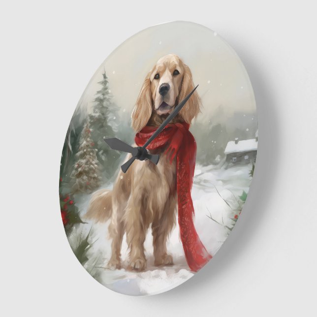 Relógio Grande Cocker Spaniel no Natal na Neve (Ângulo)