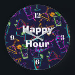 Relógio Grande Cocktails Neon da Hora Feliz<br><div class="desc">Este coquetel neon Happy Hour, o relógio temático da parede, faz um presente de excelente. Divertido para seu bar, caverna de homem ou quarto de bônus.</div>