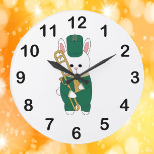 Relógio Grande Coelho Fofo Trombone Verde Dourado