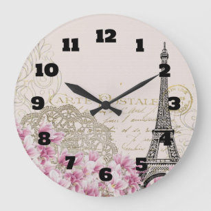 Relógio Grande Colagem da torre Eiffel do vintage com Wildflowers