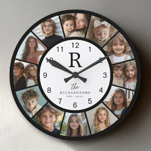 Relógio Grande Colagem de 12 Fotos com Monograma Personalizado da