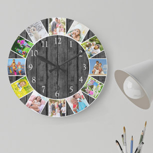 Relógio Grande Colagem de 12 Fotos Personalizadas em Madeira Cinz