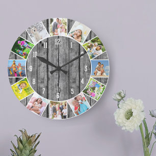 Relógio Grande Colagem de 12 Fotos Personalizadas em Madeira Cinz