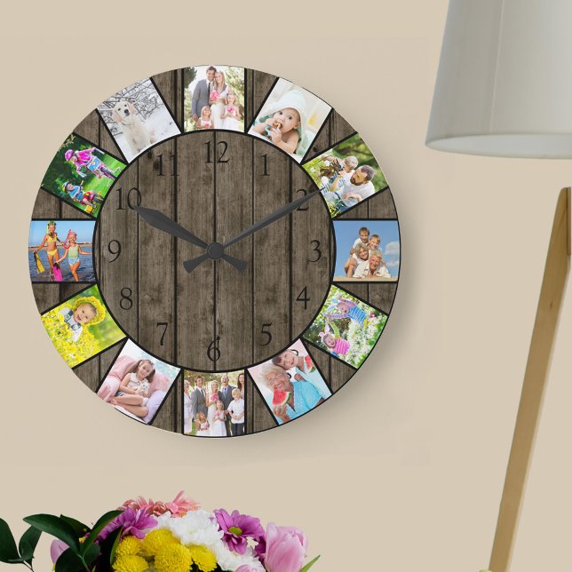 Relógio Grande Colagem de Fotografias Personalizada 12 Folhas Esc (Photo clock with 12 photos, one at each hour. Great design for your home or a thoughtful photo gift.)