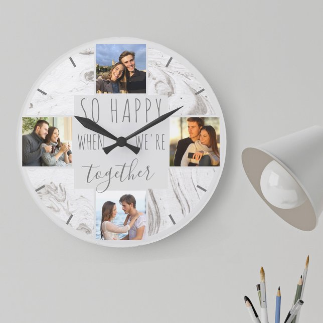 Relógio Grande Colagem de Fotos Feliz Juntos Citação Moderna Marb (Romantic couples photo clock, lovely gift for new  home, engagement, wedding anniversary ...)
