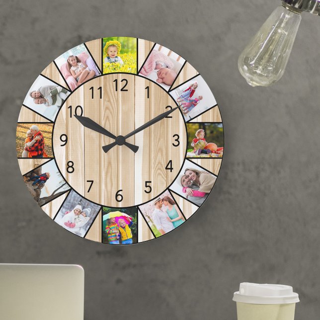 Relógio Grande Colagem de Fotos Personalizada 12 Pine Ronda De Ma (Photo clock with 12 photos, one at each hour. Great design for your home or a thoughtful photo gift.)