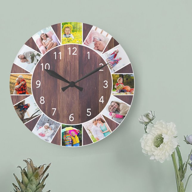 Relógio Grande Colagem Personalizada de 12 Fotografias De Madeira (Photo clock with 12 photos, one at each hour. Great design for your home or a thoughtful photo gift.)