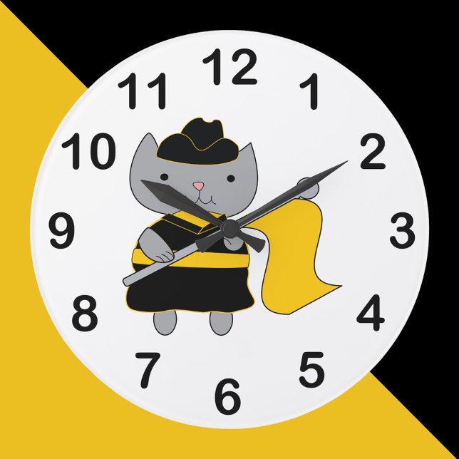 Relógio Grande Color Guard Cat Black Yellow Marching Band (A clock with a gray cat wearing a black and yellow color guard uniform.)