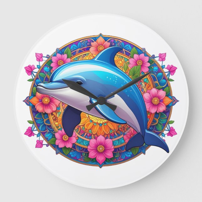 Relógio Grande Colorful Dolphin Mandala Art (Frente)