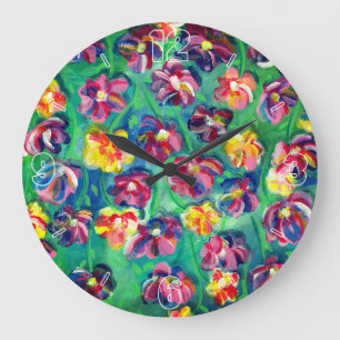 Relógio Grande Colorful Happy Little Flowers Original Artwork