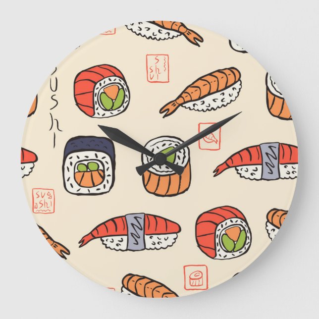 Relógio Grande Comida sushi, design de padrão uniforme. (Frente)