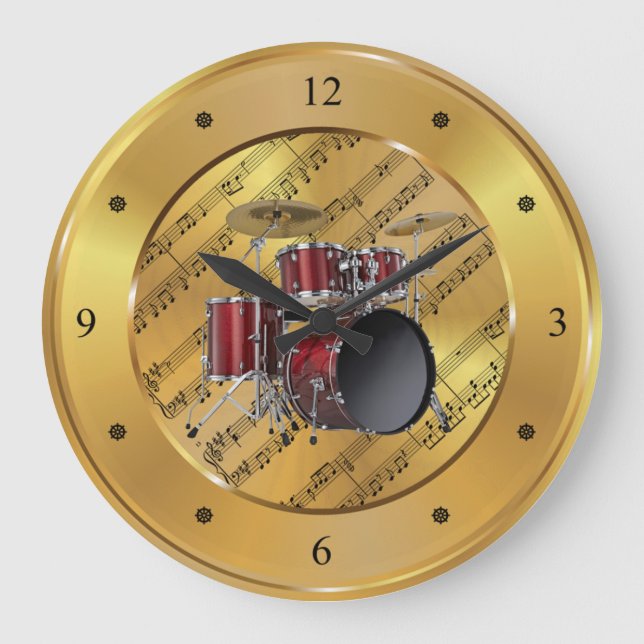 Relógio Grande Conjunto De Tambores ~ Folha Música ~ Fundo Dourad (Frente)