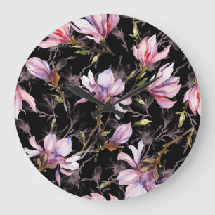 Relógio Grande Cor da Água Magnolia Rosa Preto