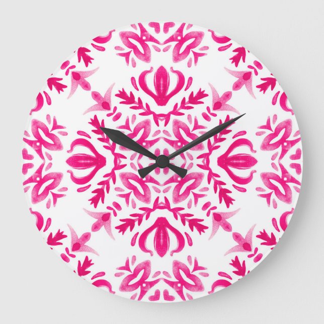 Relógio Grande Cor d'água rosa: design de azulejo geométrico. (Frente)