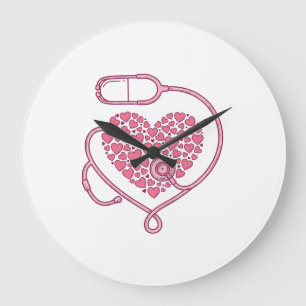 Relógio Grande Coração Estetoscópio Amor Médico Desenho de Camisa