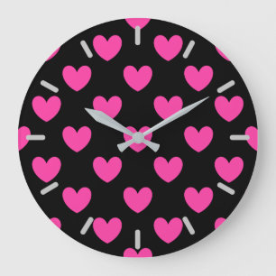 Relógio Grande Corações cor-de-polca cor-de-rosa em preto