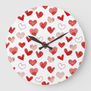 Relógio Grande Corações de amor vermelho, padrão de aquarela.