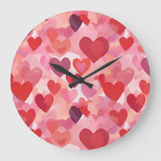 Relógio Grande Corações de Aquarela Rosa e Vermelho Coquette Româ