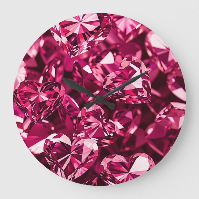 Relógio Grande Corações de Diamante Cristal Rosa (Frente)