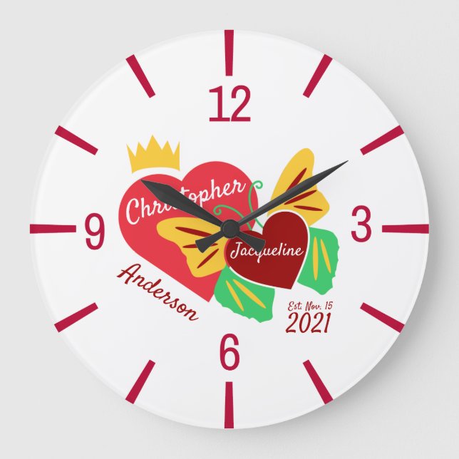 Relógio Grande Corações Vermelhos, Borboleta Elegante (Frente)