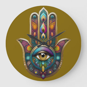Relógio Grande Cores de Pavão Hamsa com Terceiro Olho Dourado