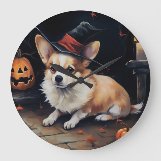 Relógio Grande Corgi Abóboras Halloween Assustador (Frente)