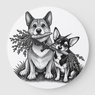 Relógio Grande Corgi Vegano & Chihuahua com Cenouras
