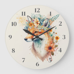 Relógio Grande Coroa de Flor de Raposa Aquarela
