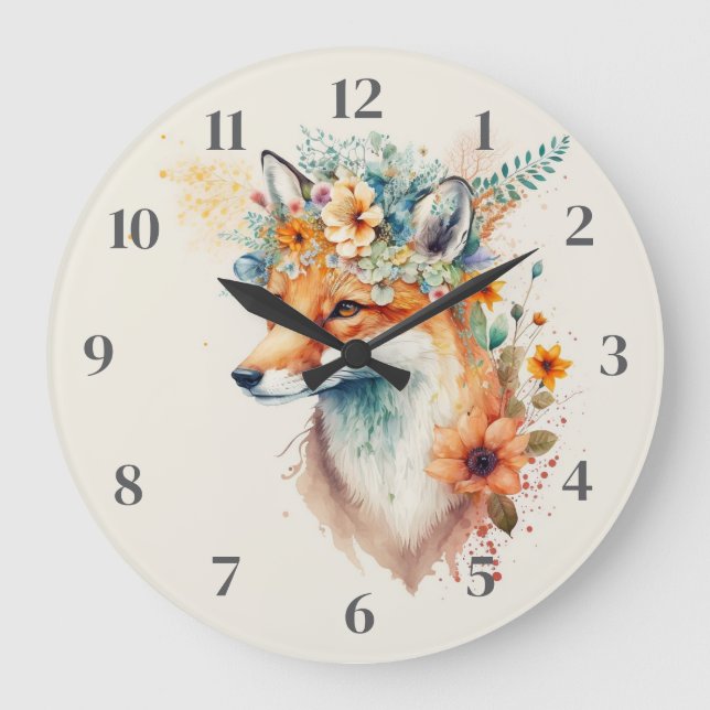 Relógio Grande Coroa de Flor de Raposa Aquarela          (Frente)