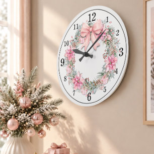 Relógio Grande Coroa de Natal em Aquarela Rosa Elegante