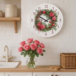 Relógio Grande Coroa de Rosas com Corações Vermelhos